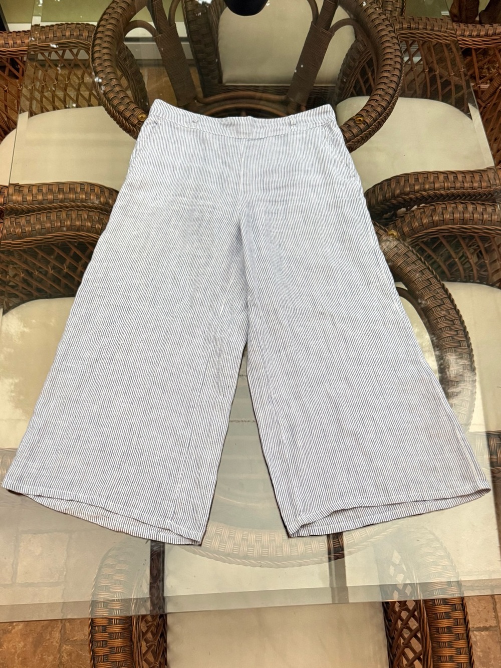 Women’s Wide-Leg Linen Pants - Light Blue Striped